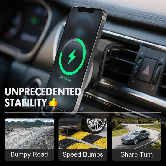 Magnetic Car Mount Wireless Charger 15W Fast Charging 360° Rotation Dashboard Phone Holder for iPhone 17 Air 16 15 14 13 12 Pro Max, Samsung Galaxy S24 S23 Android – Black White