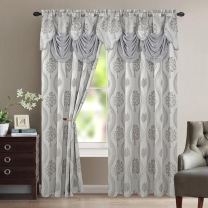 Two-Panel Jacquard Window Curtain Set with Attached Waterfall-Style Valance, 54 x 84-Inch Size and Four Colors
