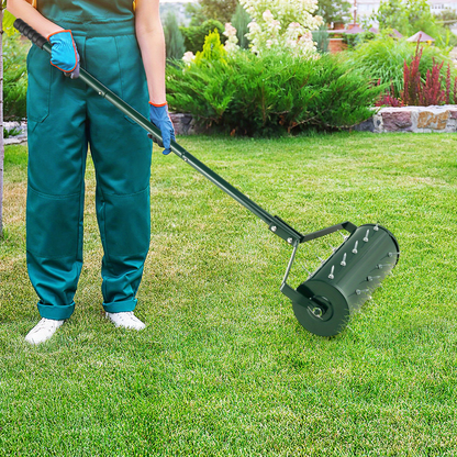 Rotary Lawn Aerator 18" Spike Drum with 27 Galvanized Steel Spikes, Fillable with Sand or Stone, 51" Anti-Slip Handle for Deep Soil Aeration Lawn Garden Yard