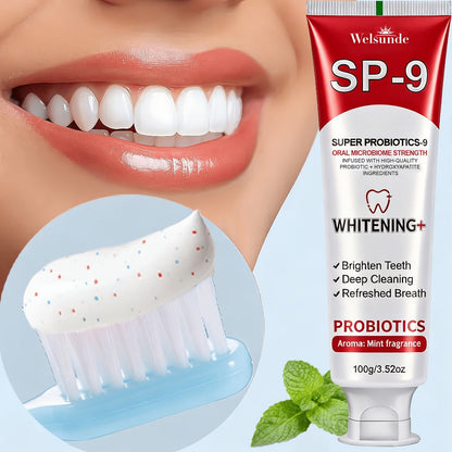 100g Mint SP-9 Toothpaste Tube with Probiotics Complex and Hydroxyapatite Highlighted on Label