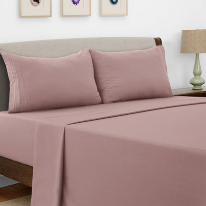 Bed Sheet Set Microfiber with Size-Dependent 3- or 4-Piece Contents and Six Documented Bed Dimensions
