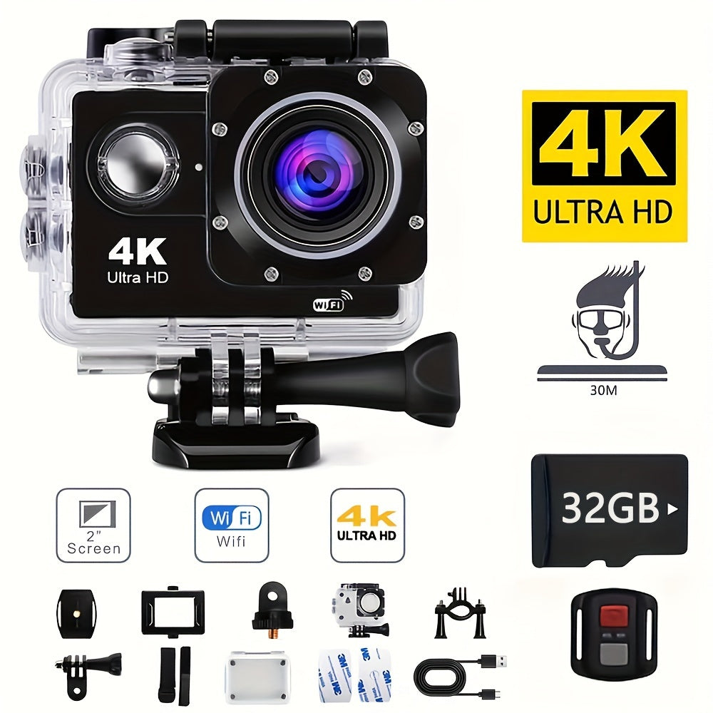 Sports Action Camera with 32GB Card, Helmet Mount Kit, 2-Inch Screen, WiFi and Remote-Control Accessories