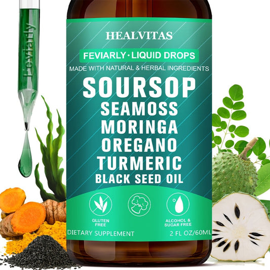 Soursop Bitters Liquid Supplement 2oz 10-in-1 with Seaweed Moringa Turmeric Black Seed Oil & Oregano Herbal Extracts — Highly Absorbable Digestive Gut & Intestinal Health Support for Women & Men