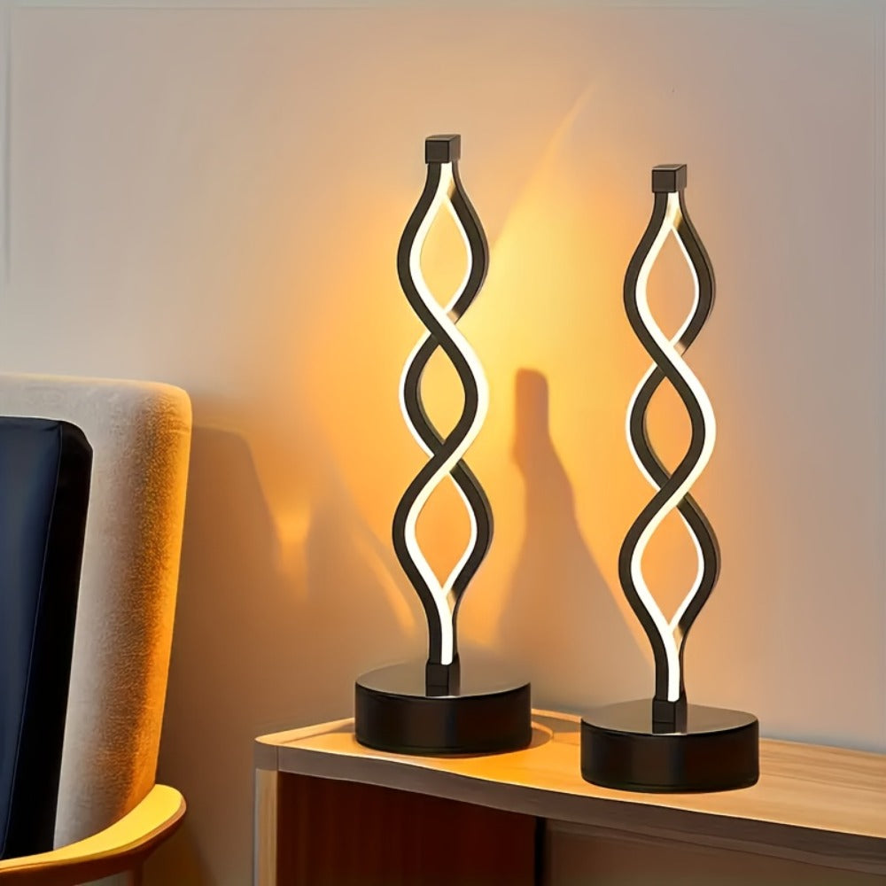 Table Lamp with Spiral LED Wave, Three Color Temperatures, USB Power and One, Two or Wood-Base Options
