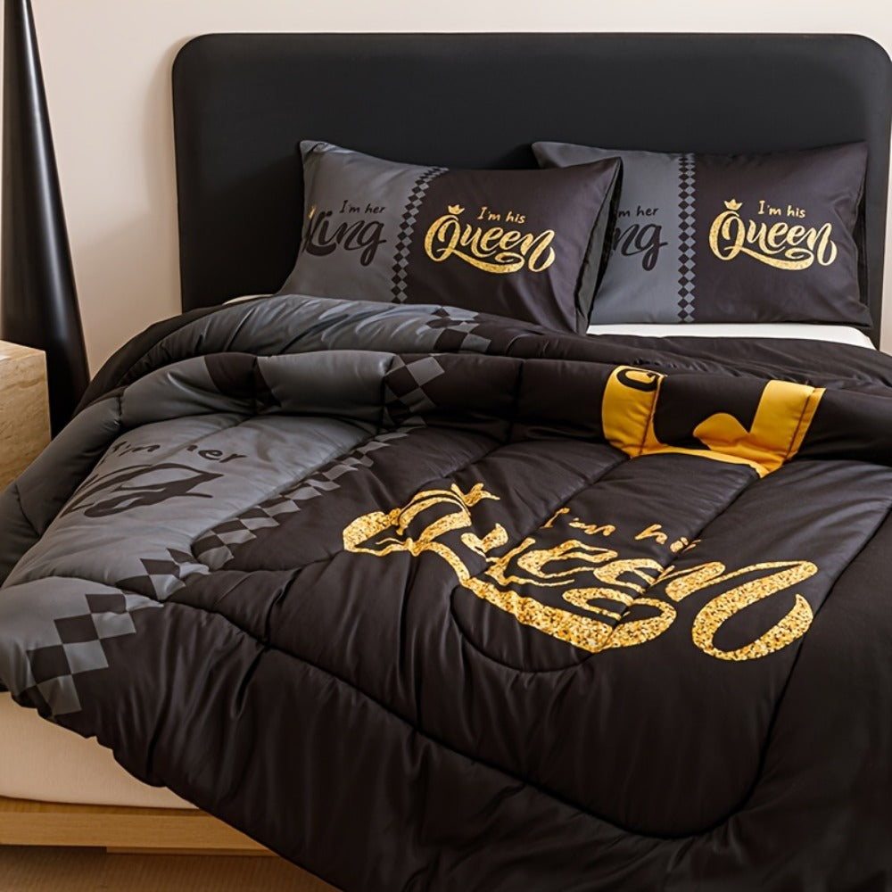 King and Queen Crown Print Comforter Set in Black or Red with Twin, Full, Queen and King Sizes