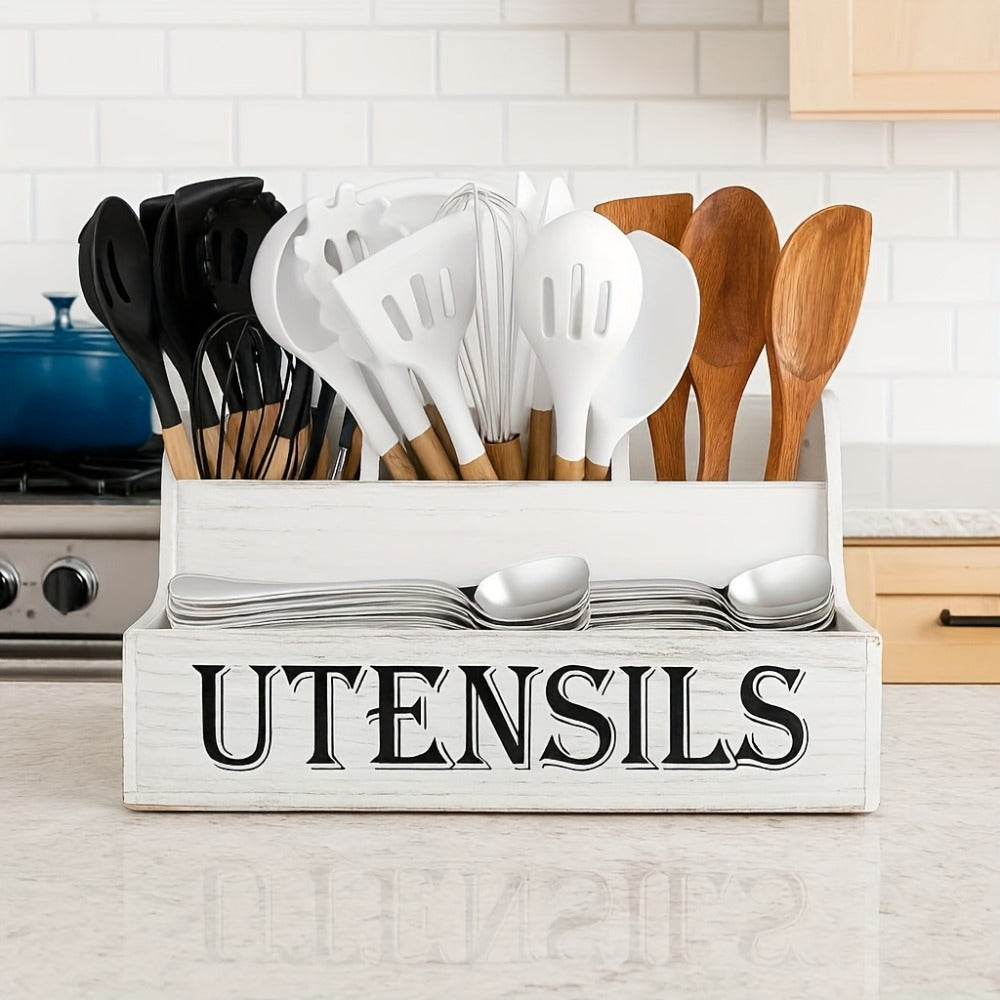 Utensil Holder Kitchen Organizer with Four Wood Compartments, Countertop Shelf and White or Black Finish