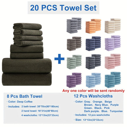 Twenty-Piece Bath Towel Set with Eight Large Towels and Twelve Washcloths in Ten Exact Color Options