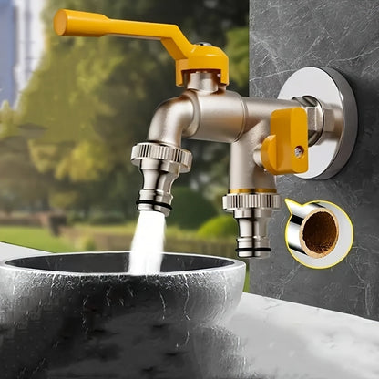 Dual-Outlet Garden Hose Faucet with Two Yellow Lever Handles in the Exact 1pc Checkout Option
