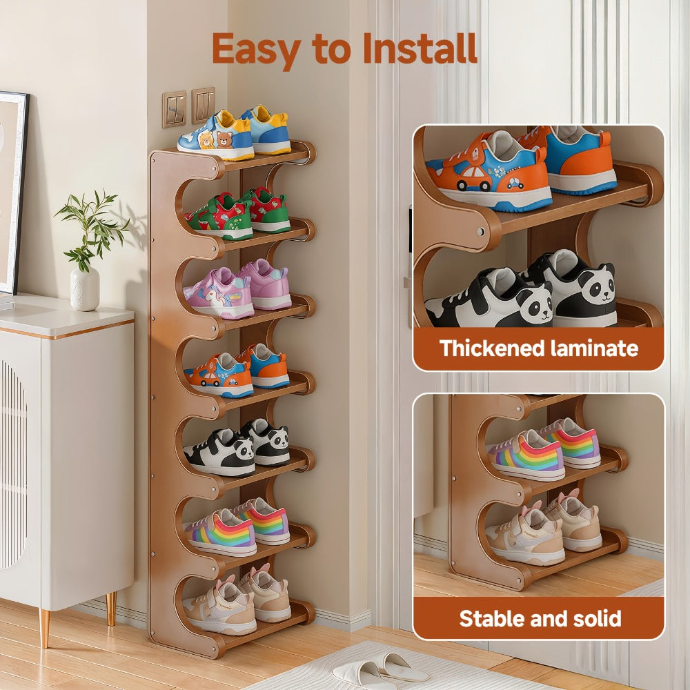 Natural-Color Seven-Layer Bamboo-Labeled Shoe Rack with Narrow Freestanding Corner Layout Design