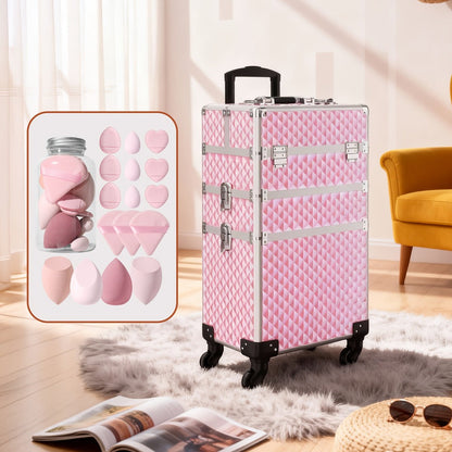 Rolling Makeup Train Case 3-in-1 Large Capacity Professional Cosmetic Trolley Swivel Wheels Lock Key Sponge Set Included Salon Barber Artist Travel Cart Trunk Black Pink