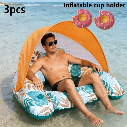 Tropical Leaf Inflatable Pool Lounger with Canopy, Cup Holder, Two Donut Drink Rings and Green or Blue Options