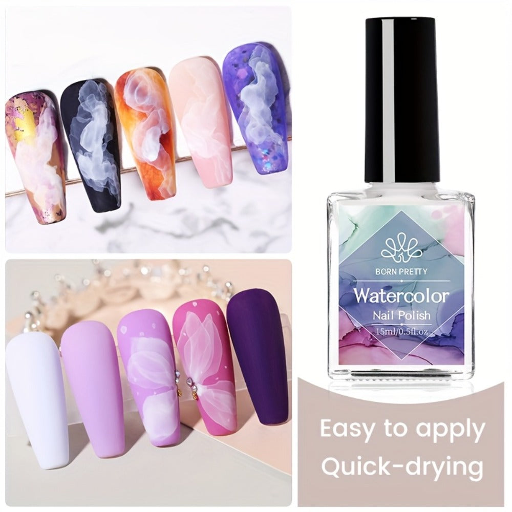 Gel Nail Polish – Blooming White Watercolor Gradient Flower Effect — Semi-Permanent Soak-Off LED UV Nail Art Ink, Floral Marble Manicure…