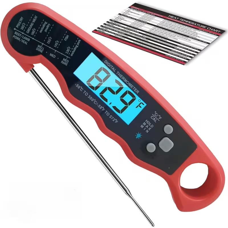 Red and Black Folding Digital Food Thermometer with Backlit Display, Calibration Mode, Unit Switch and Hanging Loop