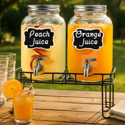 Two 1-Gallon Glass Beverage Dispensers with Spigots and Raised Metal Stand for Parties and Events