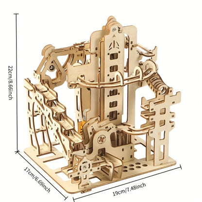Wooden Marble Track Model Kit with Dual-Linkage A or B Builds, Laser-Cut Panels, Gears and Ball Rails
