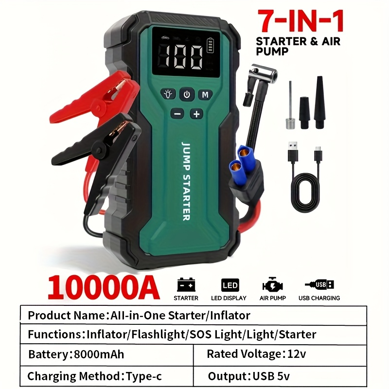 10000A Car Jump Starter with 12V Clamps, LED Light and Optional Integrated Air Pump in Red, Green or Gray