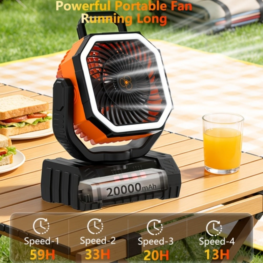 Camping Fan 20000mAh Tabletop and Hanging Fan with 4 Speeds, 13-59 Hour Labeled Runtime, LED Ring and Remote
