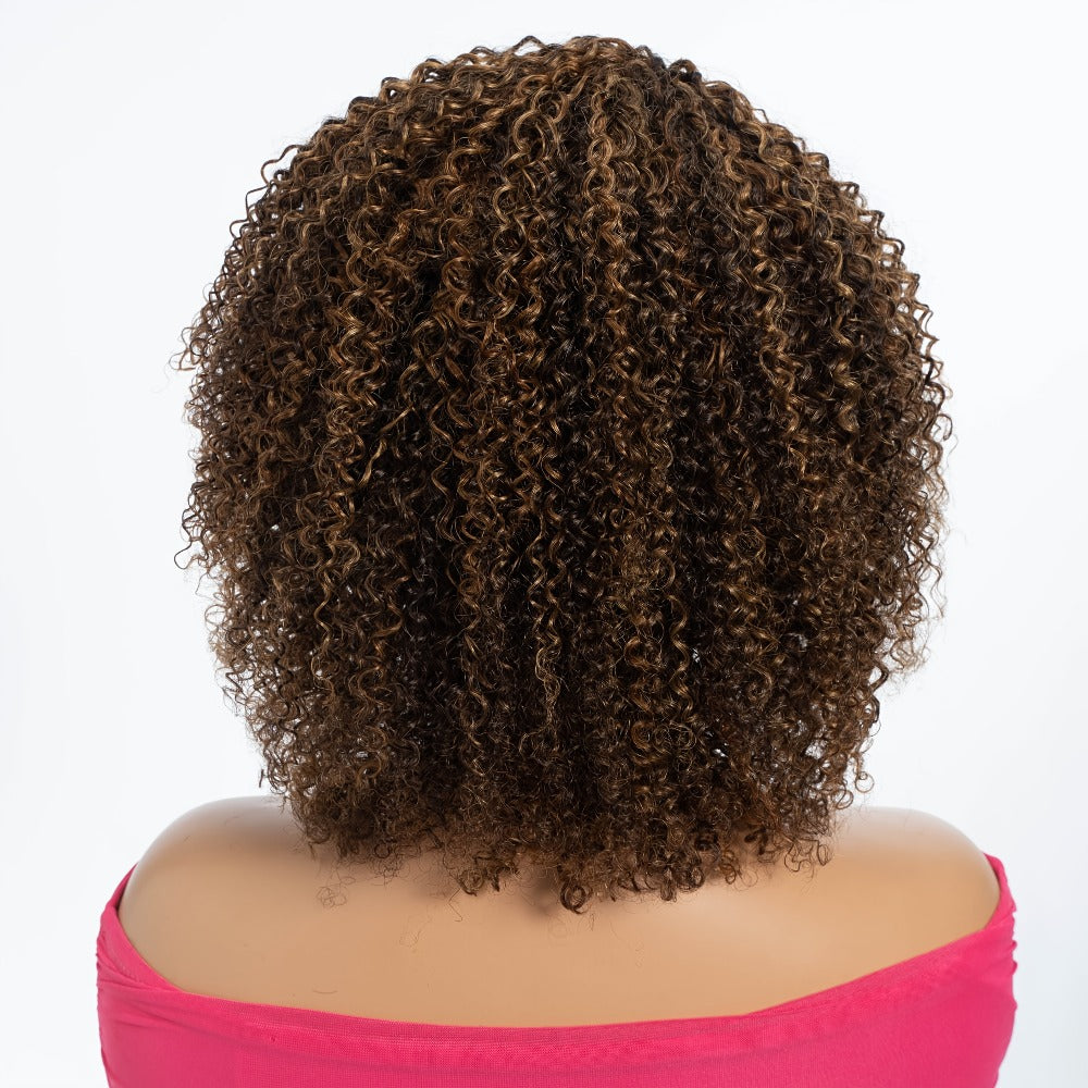 Jerry Curl Human Hair Wig with Bangs, 12-Inch Length and P4/30/27 or P1B/30 Highlight Options