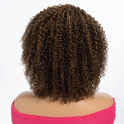 Jerry Curl Human Hair Wig with Bangs, 12-Inch Length and P4/30/27 or P1B/30 Highlight Options
