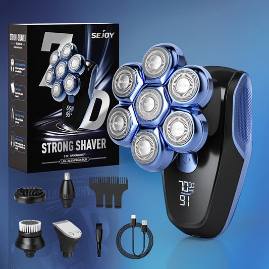 7D Head Shaver Bald Men 5-in-1 Waterproof Wet Dry Electric Razor – Type-C Rechargeable 6500-7500RPM Rotary Grooming Kit with Nose Hair Trimmer for Home & Travel, Perfect Gift for Men