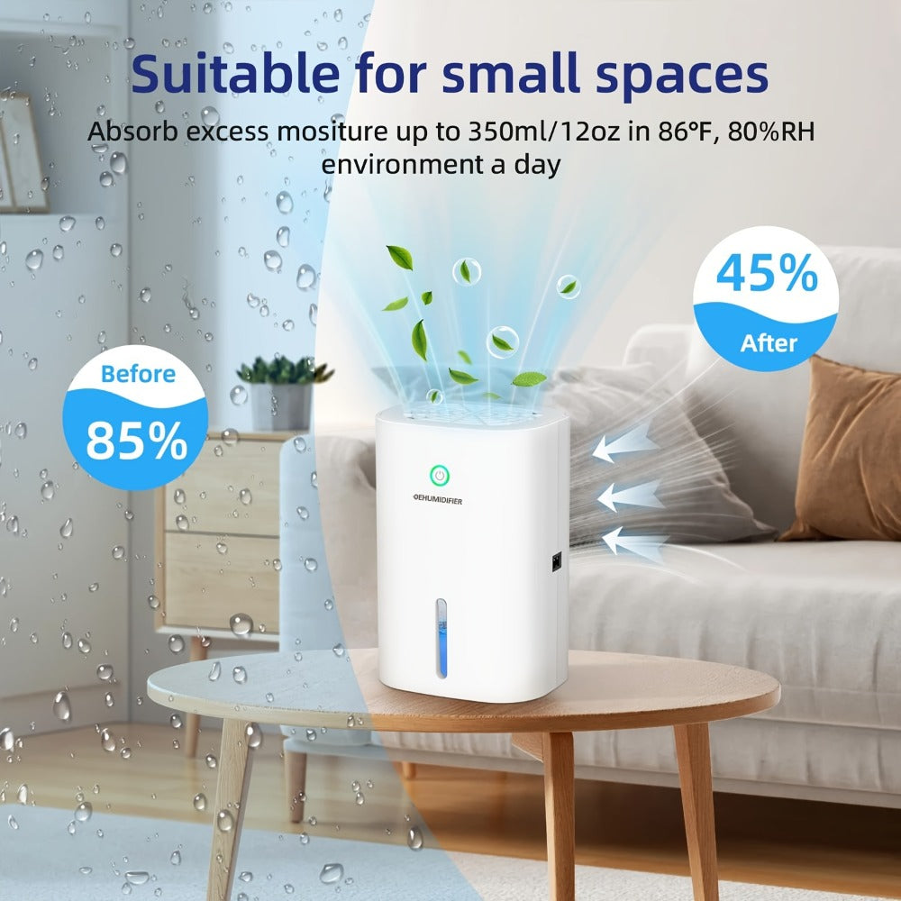Compact 27-Ounce Peltier Dehumidifier with One-Button Control, Water-Level Window and Full-Tank Shutoff