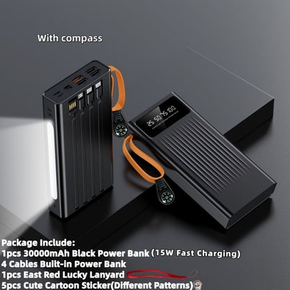 Power Bank 10000-30000mAh with 15W Charging, Four-in-One Cable and Four-Mode Camping Light