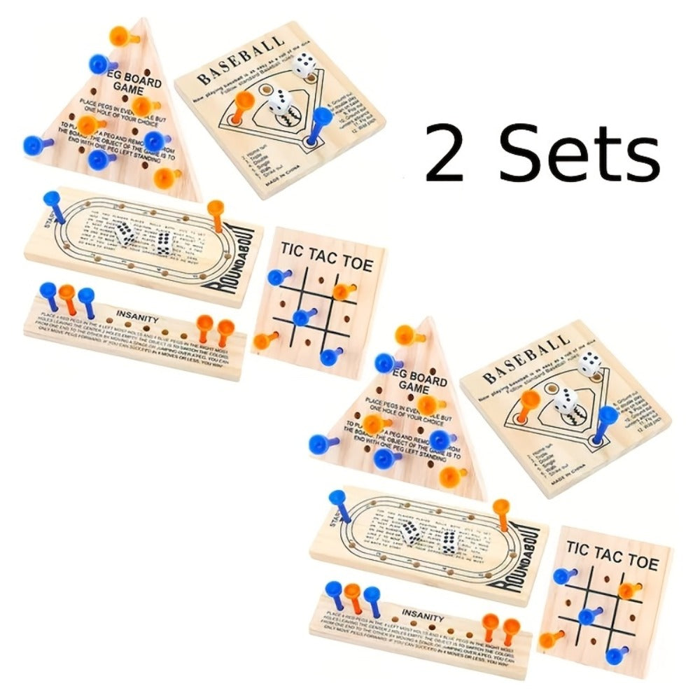 Five-Game Wooden Tabletop Set with Peg Boards, Dice and Playing Pieces for Adult Strategy and Family Game Nights