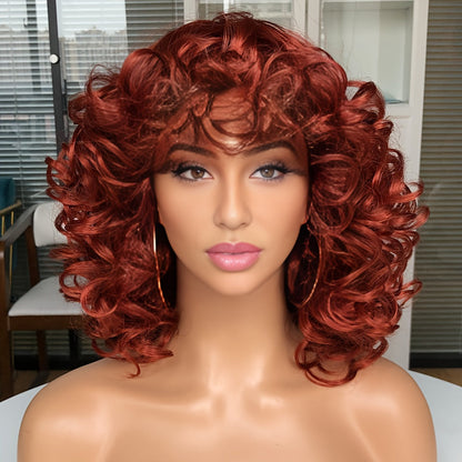 Synthetic Wig 14-Inch Jerry Curls with Wispy Bangs and 13x1 Lace Front in Three Colors for Daily Styling