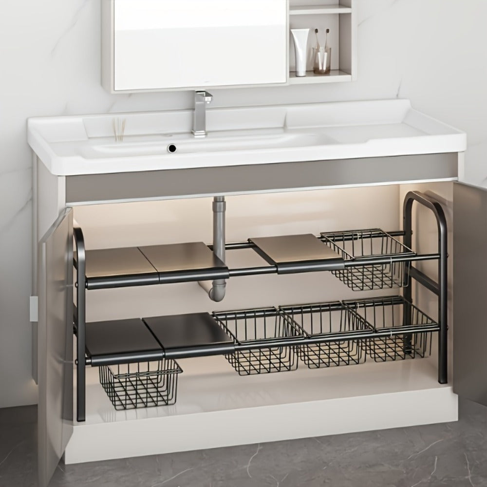 Expandable Two-Tier Under-Sink Organizer with Five Panels, Five Baskets and Exact Black Configuration