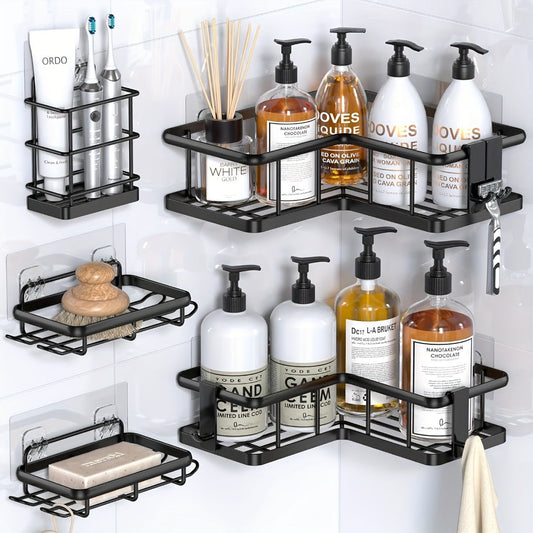 Corner Shower Caddy 5 Pack with Soap Holder & 4 Removable Hooks – Rustproof No Drill Shower Shelf Organizer for Inside Shower
