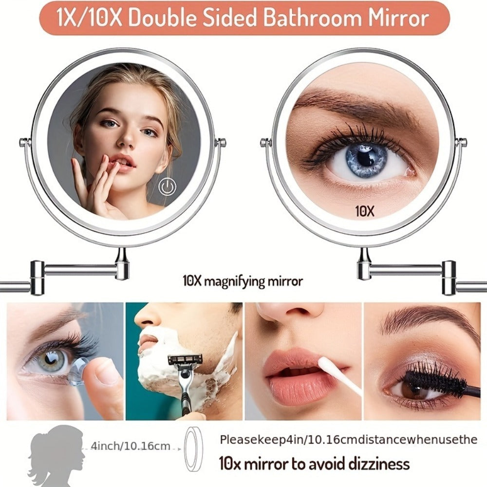 Makeup Mirror Wall-Mounted 8-Inch Dual-Sided 1X and 10X with Three Light Colors, Touch Dimming and USB Charging