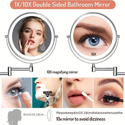 Makeup Mirror Wall-Mounted 8-Inch Dual-Sided 1X and 10X with Three Light Colors, Touch Dimming and USB Charging