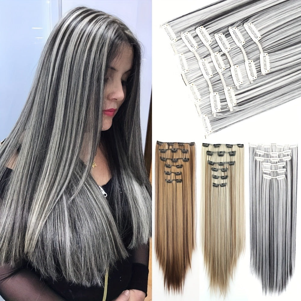 24-Inch Clip-In Hair Extension Set with Six Wefts and 16 Clips in Black or Mixed Color Options