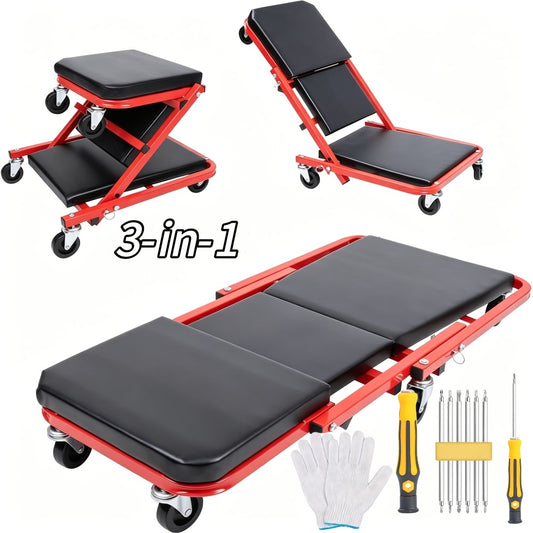 Mechanic Creeper 36-Inch Z-Crawl Folding – Adjustable Load Board, 6-Wheel 2.5" Rolling Garage Repair Seat, Universal Fit with Optional Tool Kit Bundles