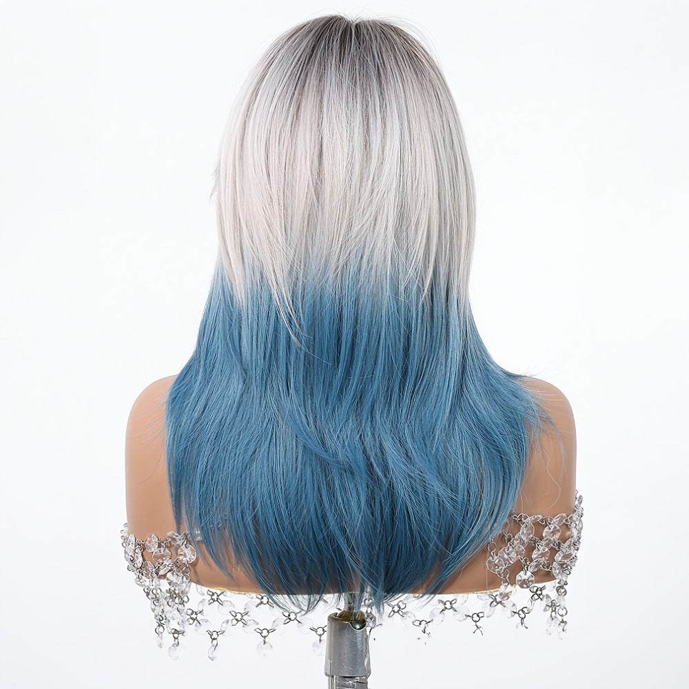 Synthetic Wig 22-Inch Gradient Blue Ombre Layers with Bangs, Adjustable Cap and Rose Hair Net