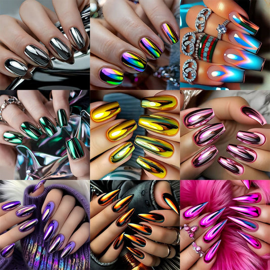 Gradient Almond Press On Nails 216 Pieces 9 Packs with Glue Purple Pink Silver Gold French Pointed Solid Color Glossy Full Cover False Nails Nail Art Kit for Women Daily Wear Holiday Party Wedding
