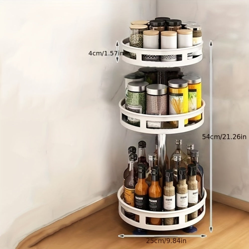 Three-Tier Rotating Spice Rack in Black or White with Circular Shelves and Tall Bottle Storage