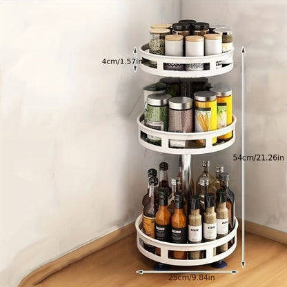 Three-Tier Rotating Spice Rack in Black or White with Circular Shelves and Tall Bottle Storage