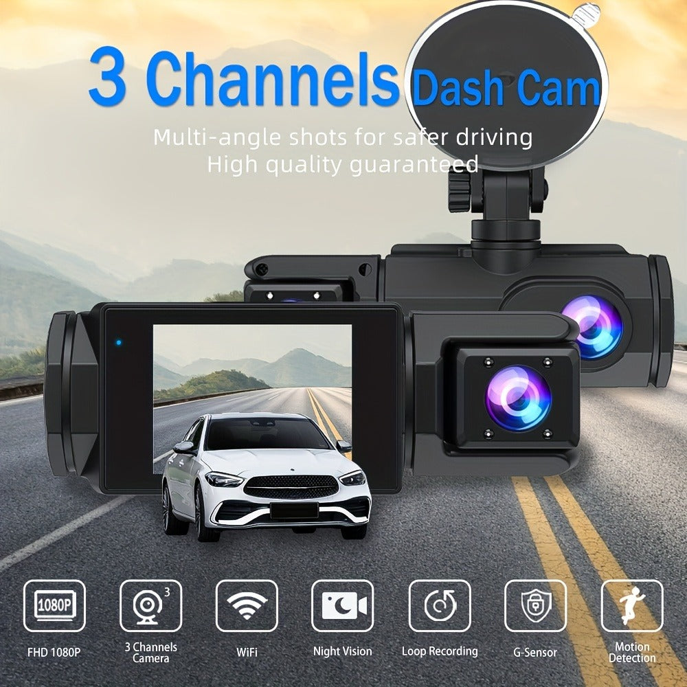 1080P-Labeled Dash Camera with Two- or Three-Lens Options, Screen and Optional WiFi or 32GB Card