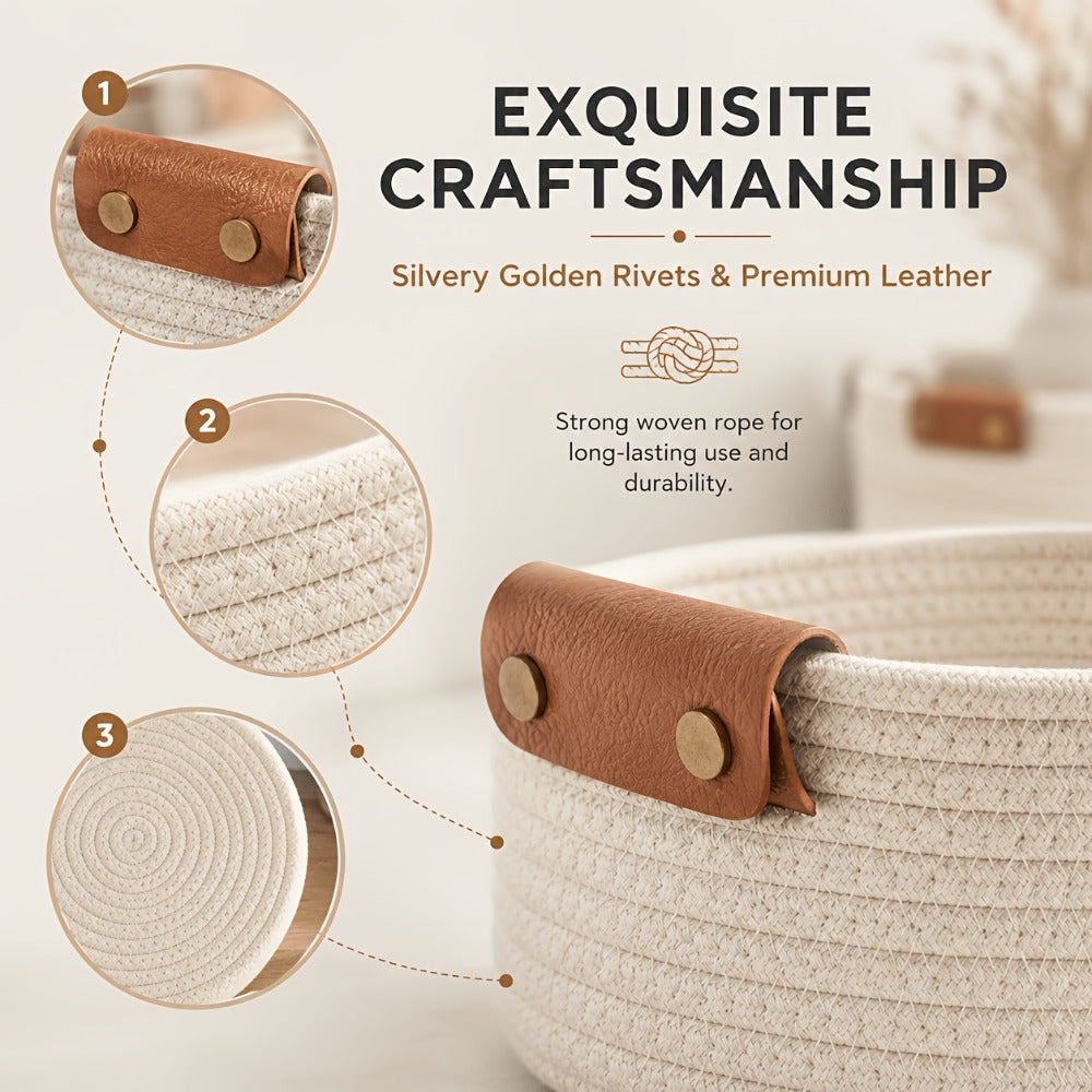 Cotton Rope Storage Baskets Set of 5 with Leather Handles in Four Color Options for Home Organization
