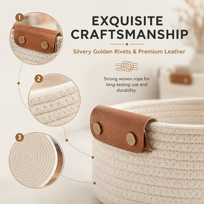 Cotton Rope Storage Baskets Set of 5 with Leather Handles in Four Color Options for Home Organization