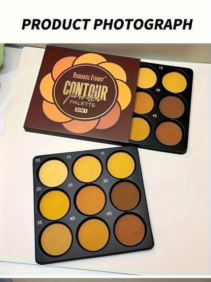 Nine-Color Contour and Face Makeup Palette with Mixed Light, Medium and Deep Pans in One Compact