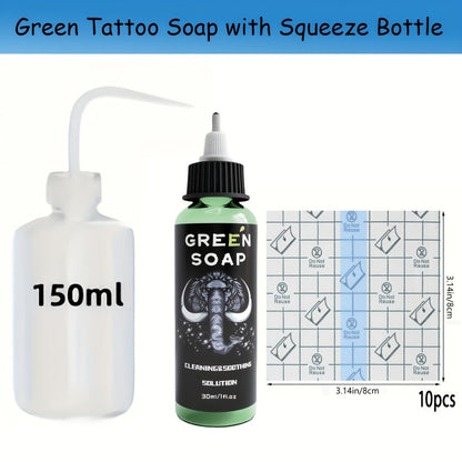 Tattoo Green Soap Cleansing Solution Kit - Professional Tattoo Wash Soap with Squeeze Bottle, Safe Moisturizing Foam for Tattoo Artists Skin Care & Color Preservation