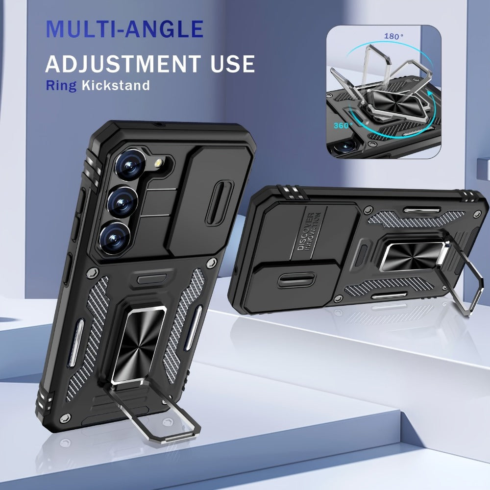 Samsung Galaxy Shockproof Magnetic Phone Case with 360° Rotating Ring Bracket & Sliding Lens Protector – Heavy Duty Cover for S24FE S23FE S22 S21FE Ultra A55 A54 A35 A34 A25 A24 A16 A15 A14 A06 A05 A05S 5G