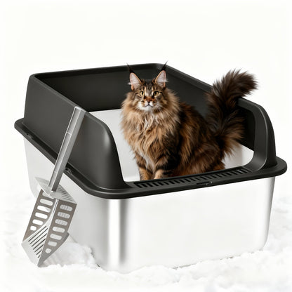 Stainless Steel Cat Litter Box with Removable High-Wall Surround, Front Step and 20cm or 25cm Height Options