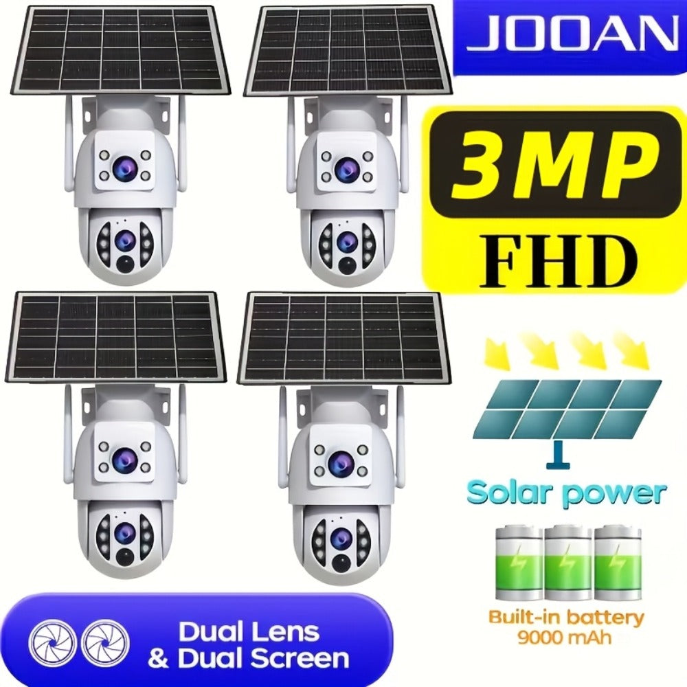 Solar PTZ Security Camera Dual Lens 1296P – 360° Outdoor WiFi Surveillance with Built-In Display, Color Night Vision, Two-Way Audio, Motion Detection & Rechargeable Battery by JOOAN