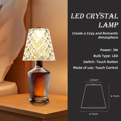 Rechargeable LED Bottle Table Lamp 2 Pack - Crystal Acrylic Wine Bottle Design, 2000mAh Cordless, 3 Color Modes, Ambient Night Light for Bedroom, Dining Table, Bar & Home Decor