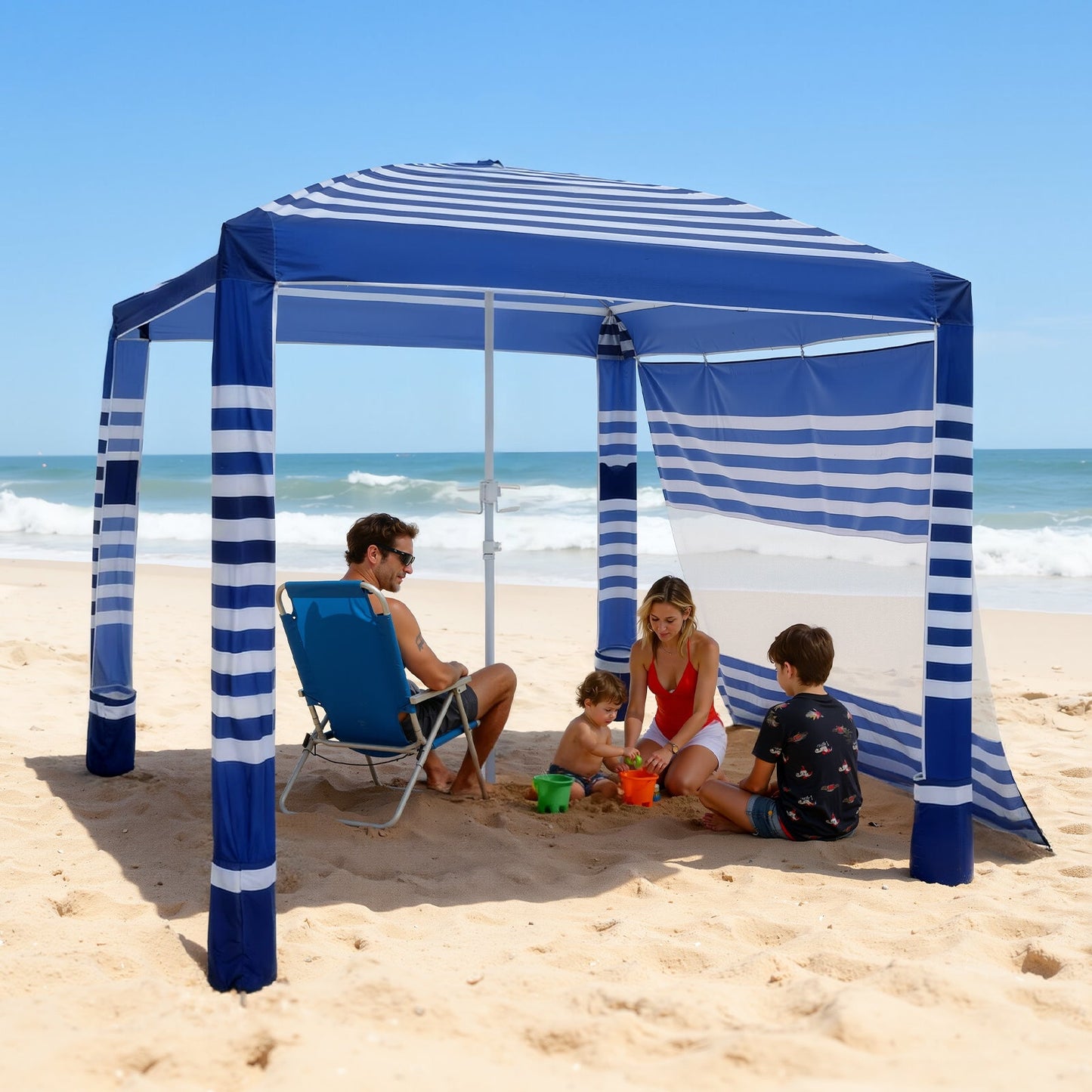Beach Cabana 8x8ft UPF 50+ Adjustable Height Side Wall Navy Stripes