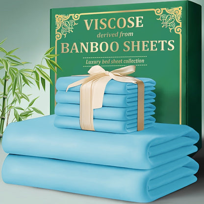 Bamboo Fitted Sheet Set 4-Piece Deep Pocket 18"-24", 2200TC Ultra-Soft Cool Breathable Bed Sheets, Anti-Shrink Fade-Resistant, Ideal for Hot Sleepers