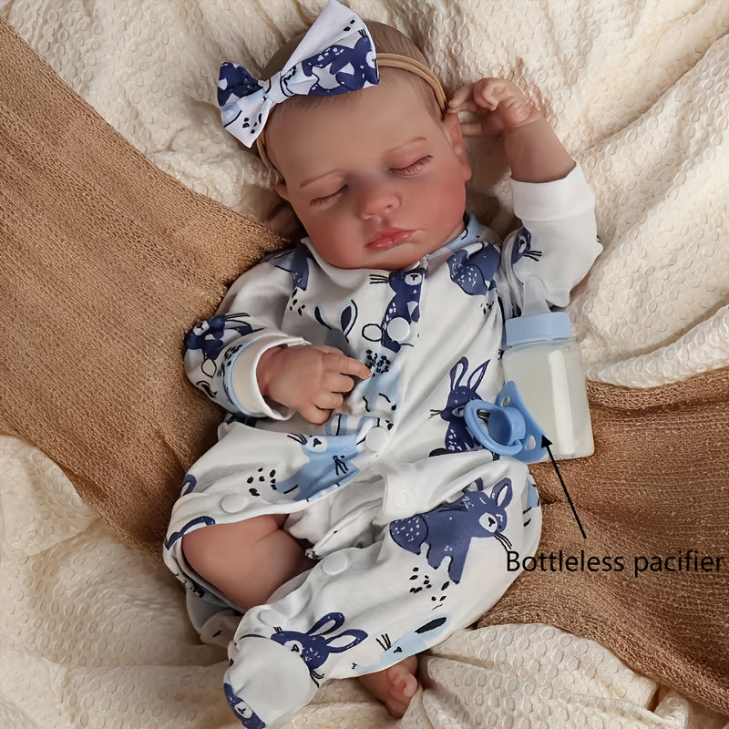 18-Inch Baby Doll in Blue-Print Outfit with Sleeping or Open-Eye Face Options and No Bottle or Pacifier